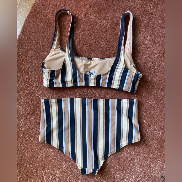 Madewell Navy and Tan Striped Bikini bathing suit high waist - Picture 2 of 3